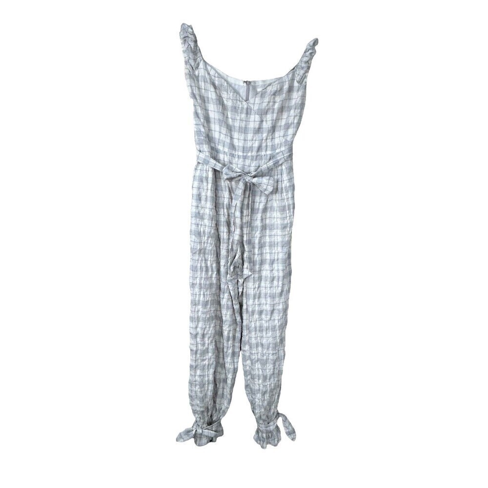 Tularosa Womens Jumpsuit Sage S Cream Black Cotton Off Shoulder Plaid Ruffles N4